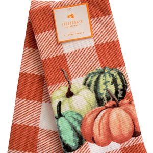 2 Pc. Kitchen Towel Set Absorbent Autumn Fall Pumpkins Gourds Orange White Check